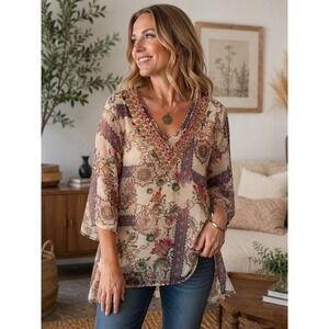 Reba Medium Boho Sheer Floral Tunic Top Embellished V-neck High Low 3/4 Sleeve